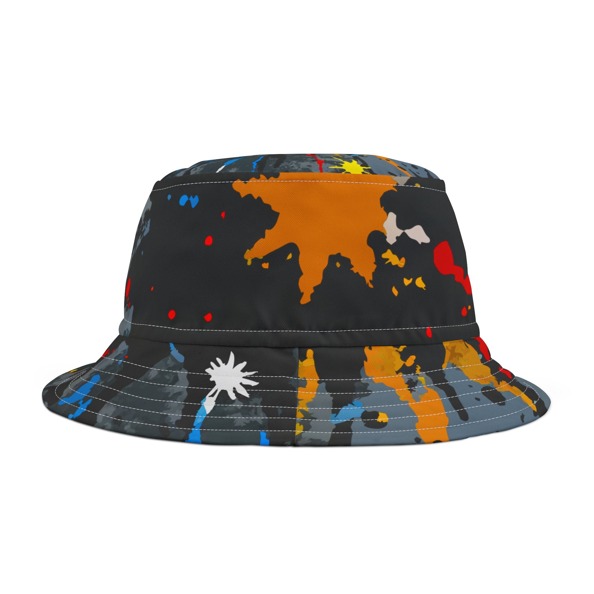 Colorful bucket hat with abstract patterns on a white background