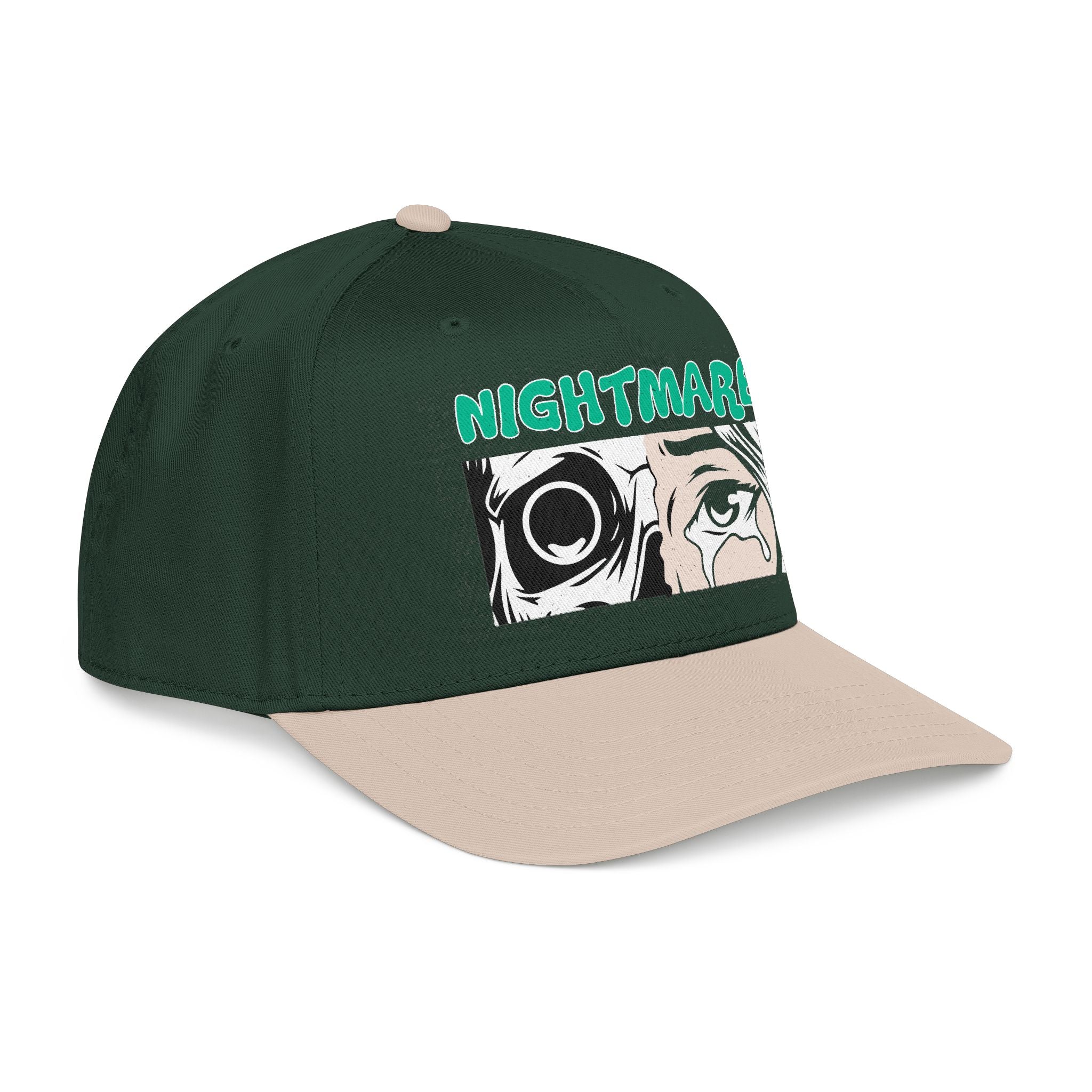 Green and beige cap with a graphic design and 'NIGHTMARE' text on a white background