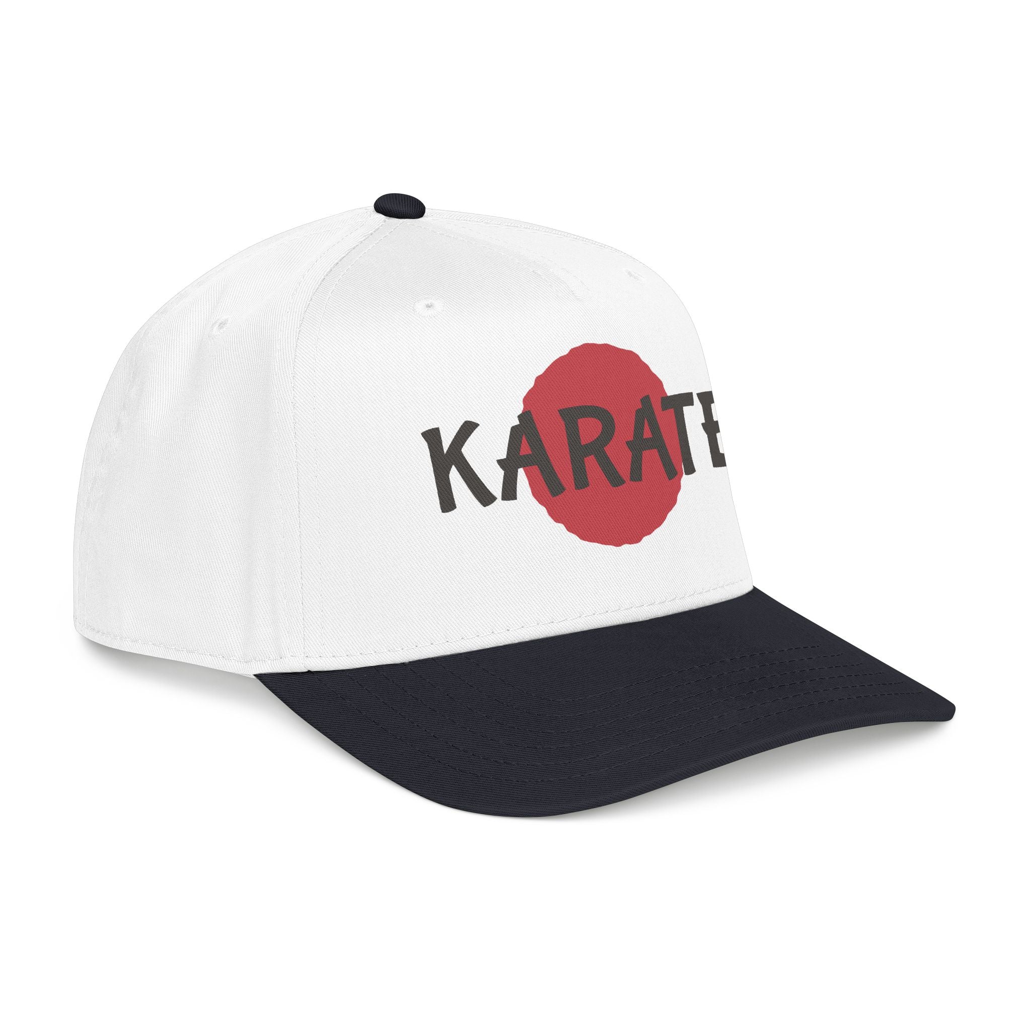 White and black cap with 'Karate' text and red circle on a white background