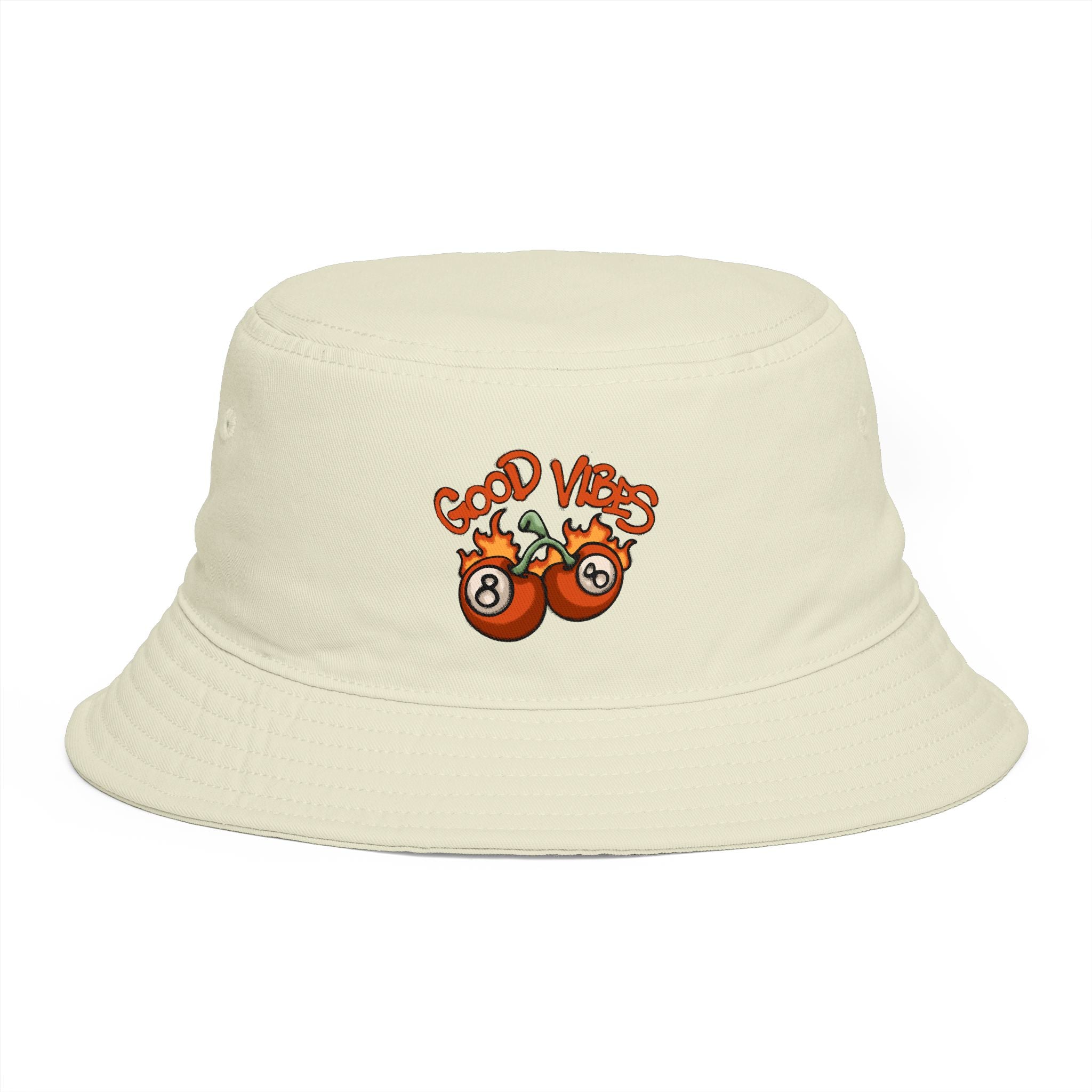 Beige bucket hat with 'Good Vibes' and number 8 design on a white background