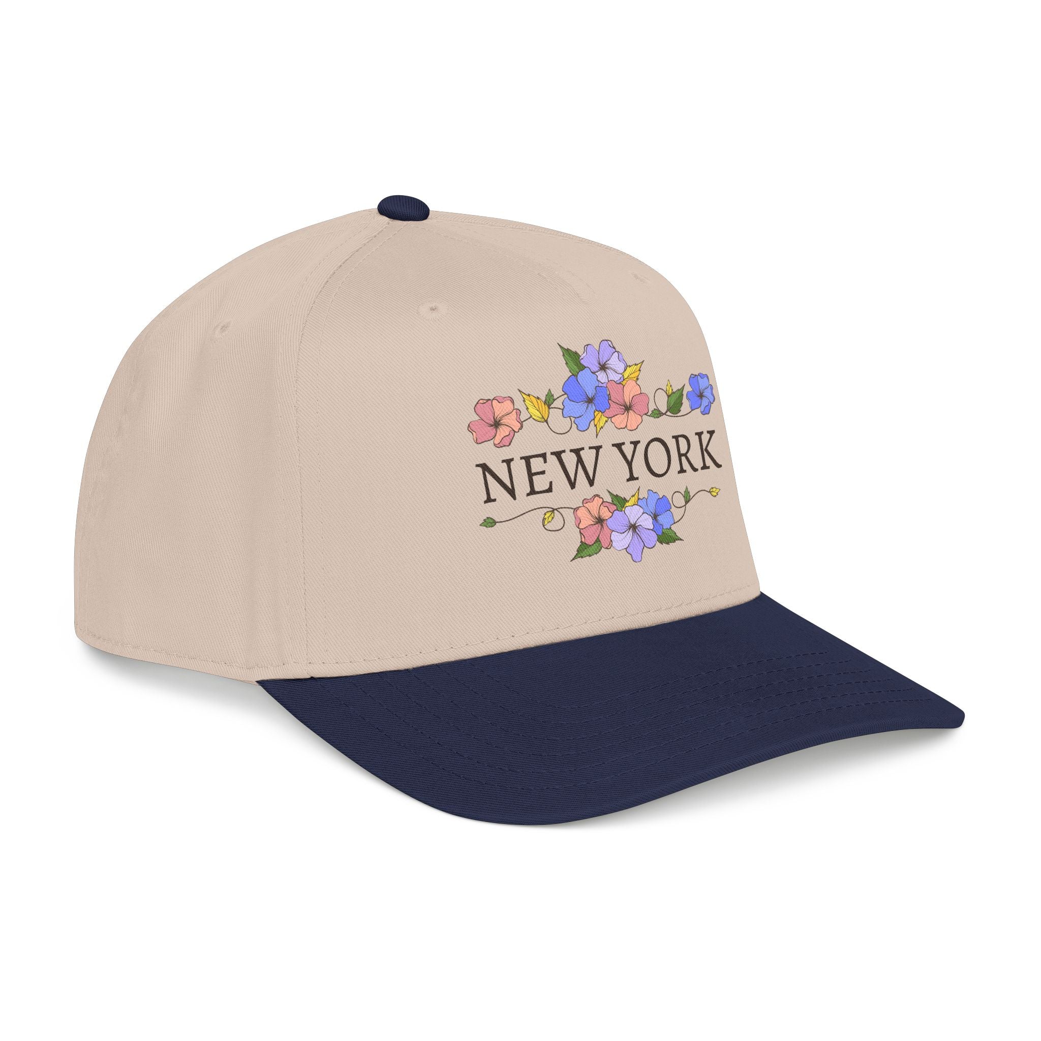 Beige and navy cap with 'New York' and floral design on a white background