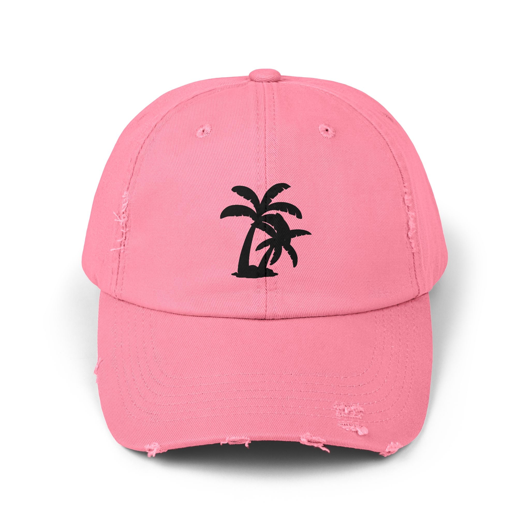 Pink cap with a black palm tree design on a white background