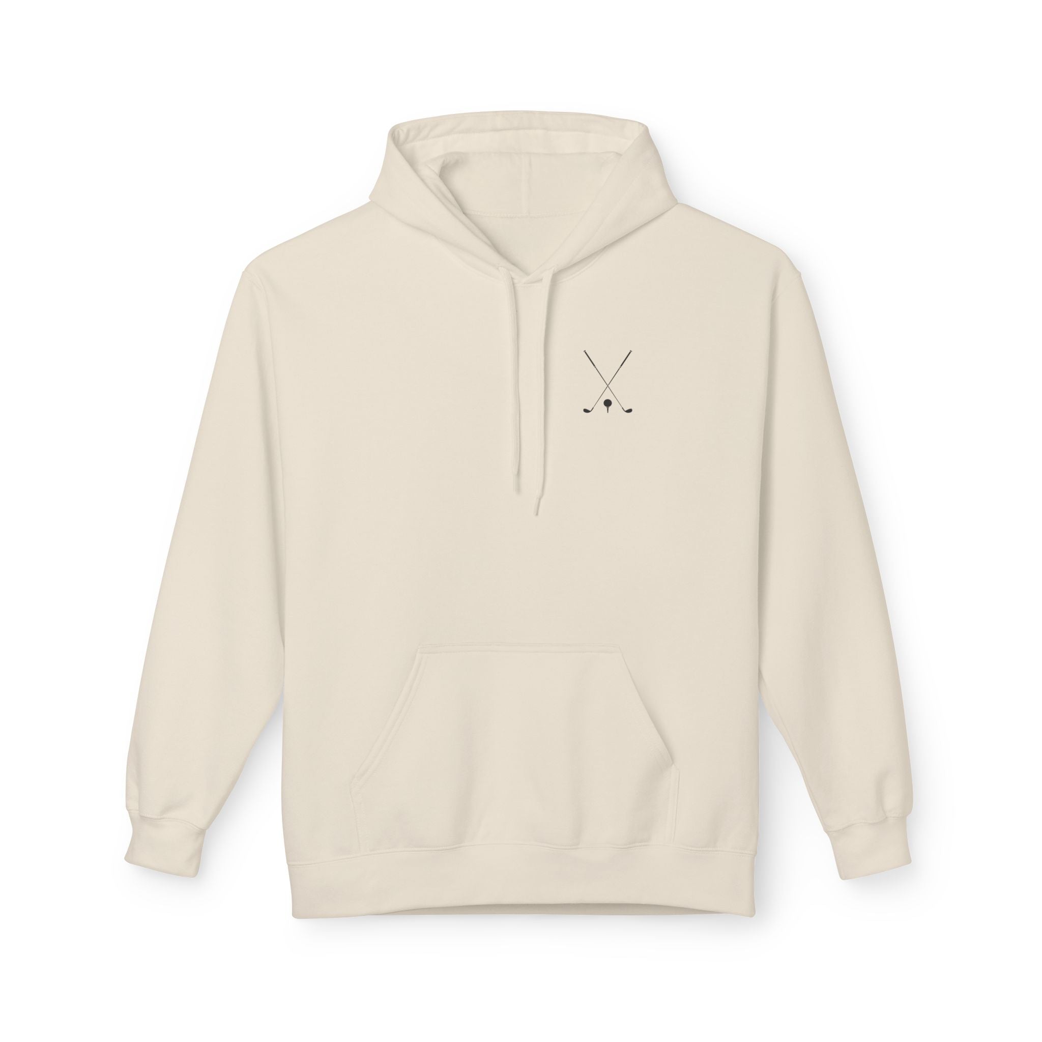 Beige hoodie with a small logo on the chest against a white background