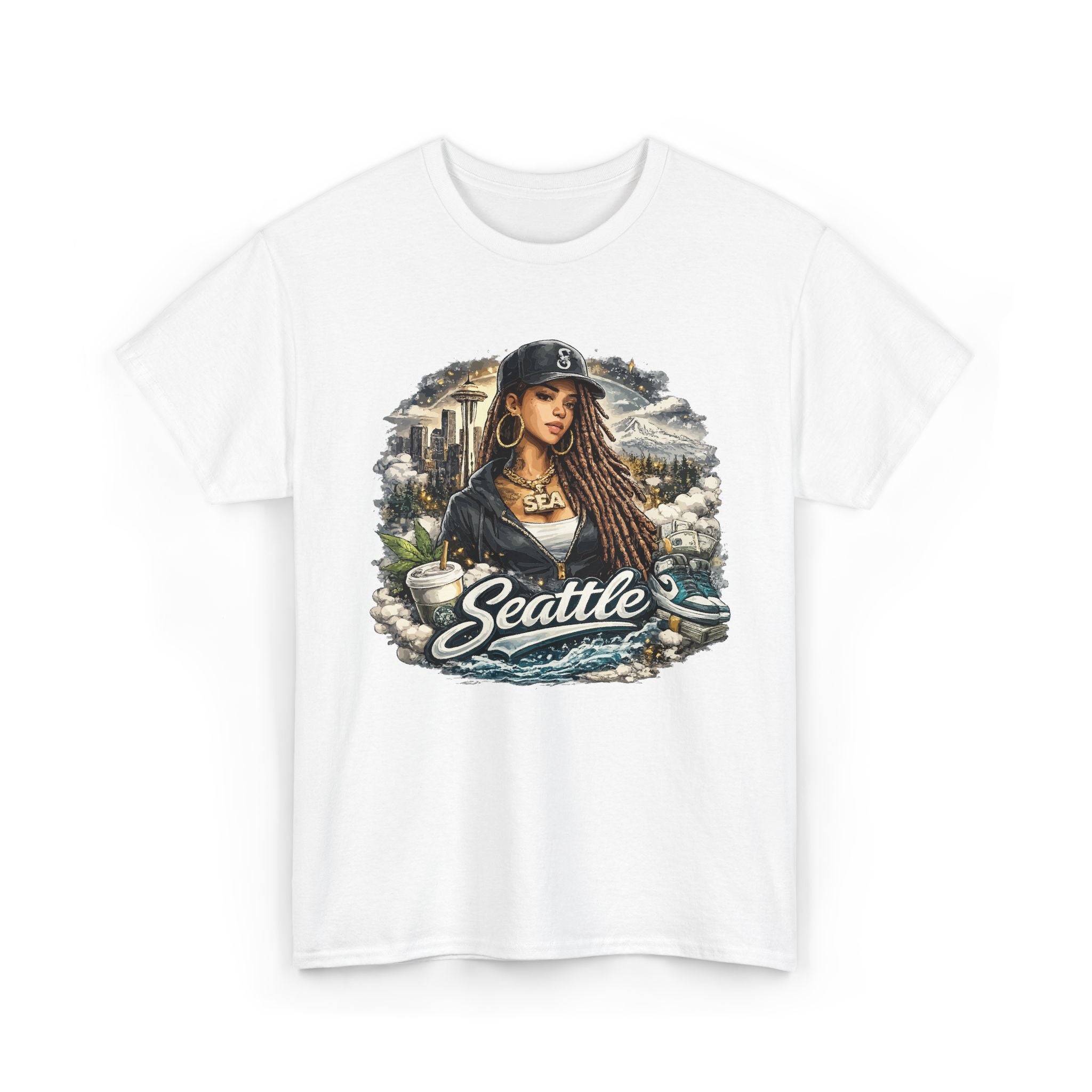 Seattle Cityscape Tee — Woman Portrait Coffee & Skyline Graphic T-Shirt – Bamerix