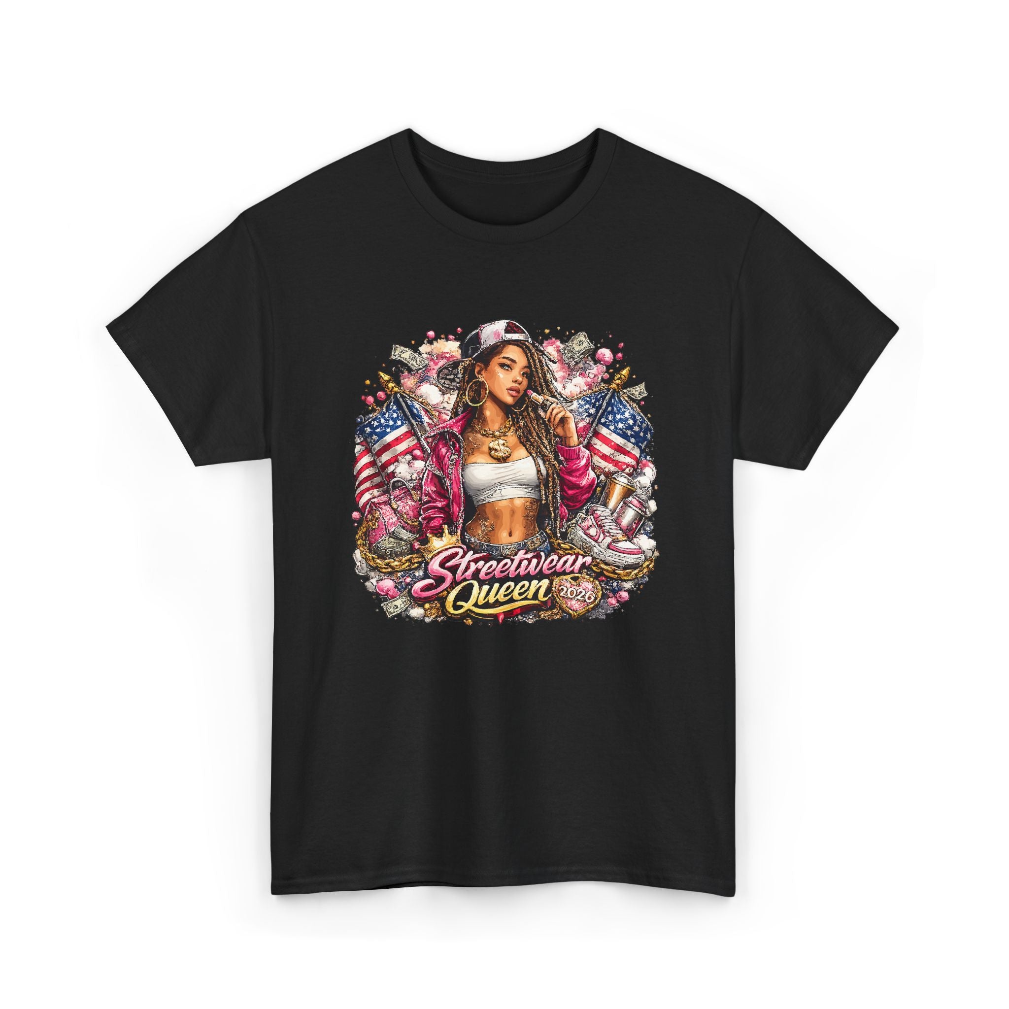 Streetwear Queen Tee — Retro Chicana Art American Flag Graphic T-Shirt – Bamerix