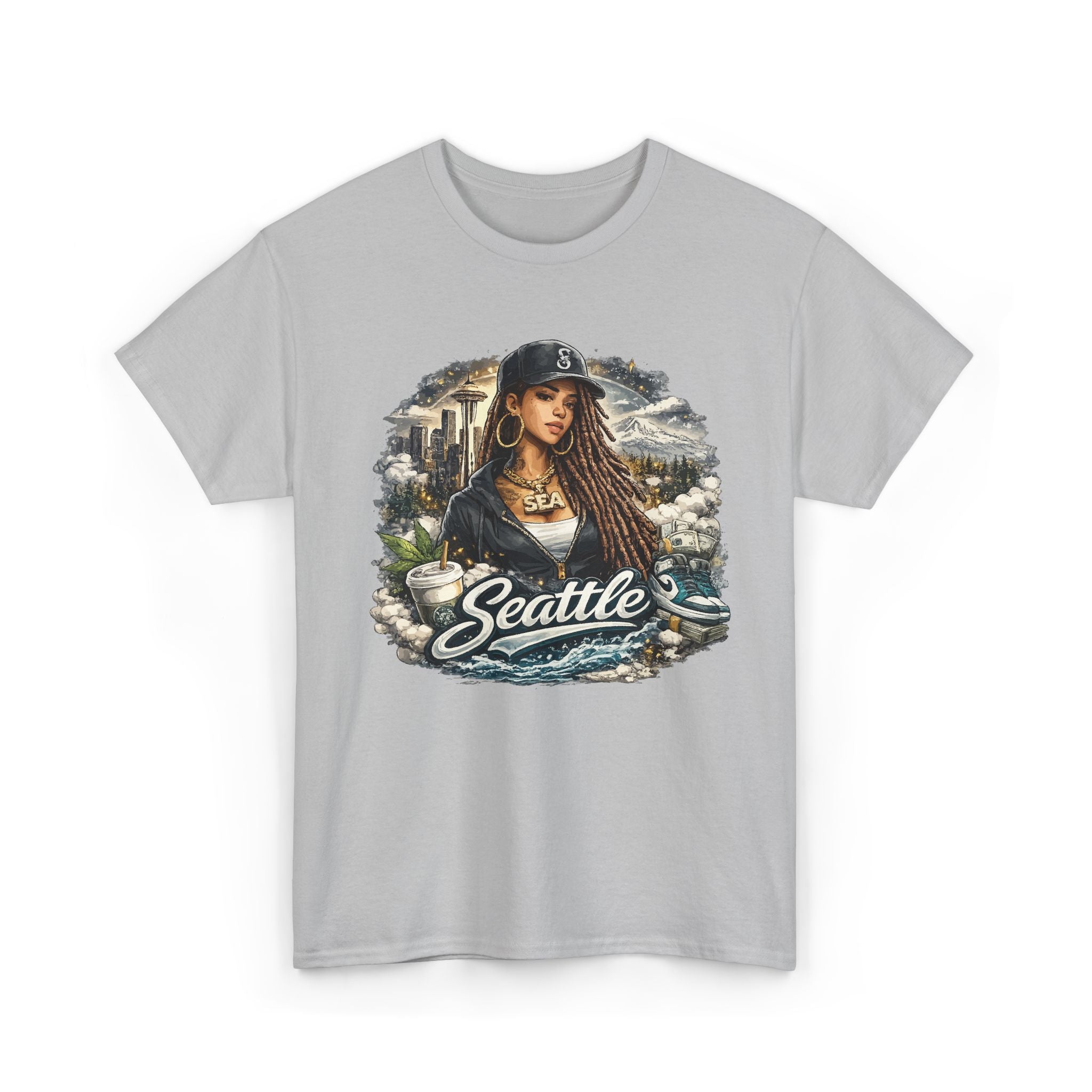 Seattle Cityscape Tee — Woman Portrait Coffee & Skyline Graphic T-Shirt – Bamerix